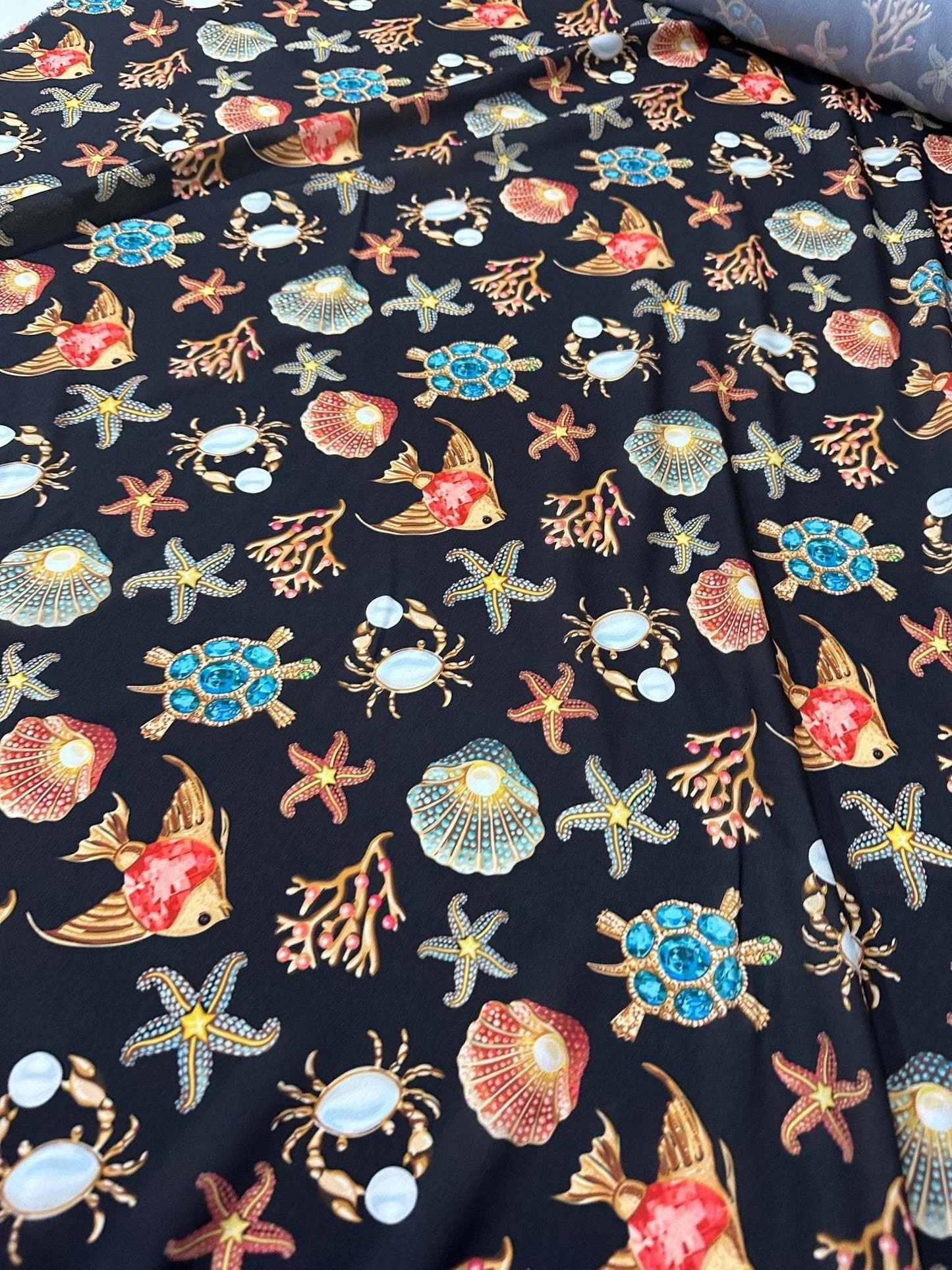 Sea Shell and Starfis Pattern Fabric – Custom Printed Fabric on Satin, Crepe, Spandex or Chiffon