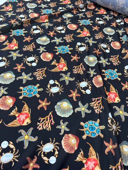 Sea Shell and Starfis Pattern Fabric – Custom Printed Fabric on Satin, Crepe, Spandex or Chiffon