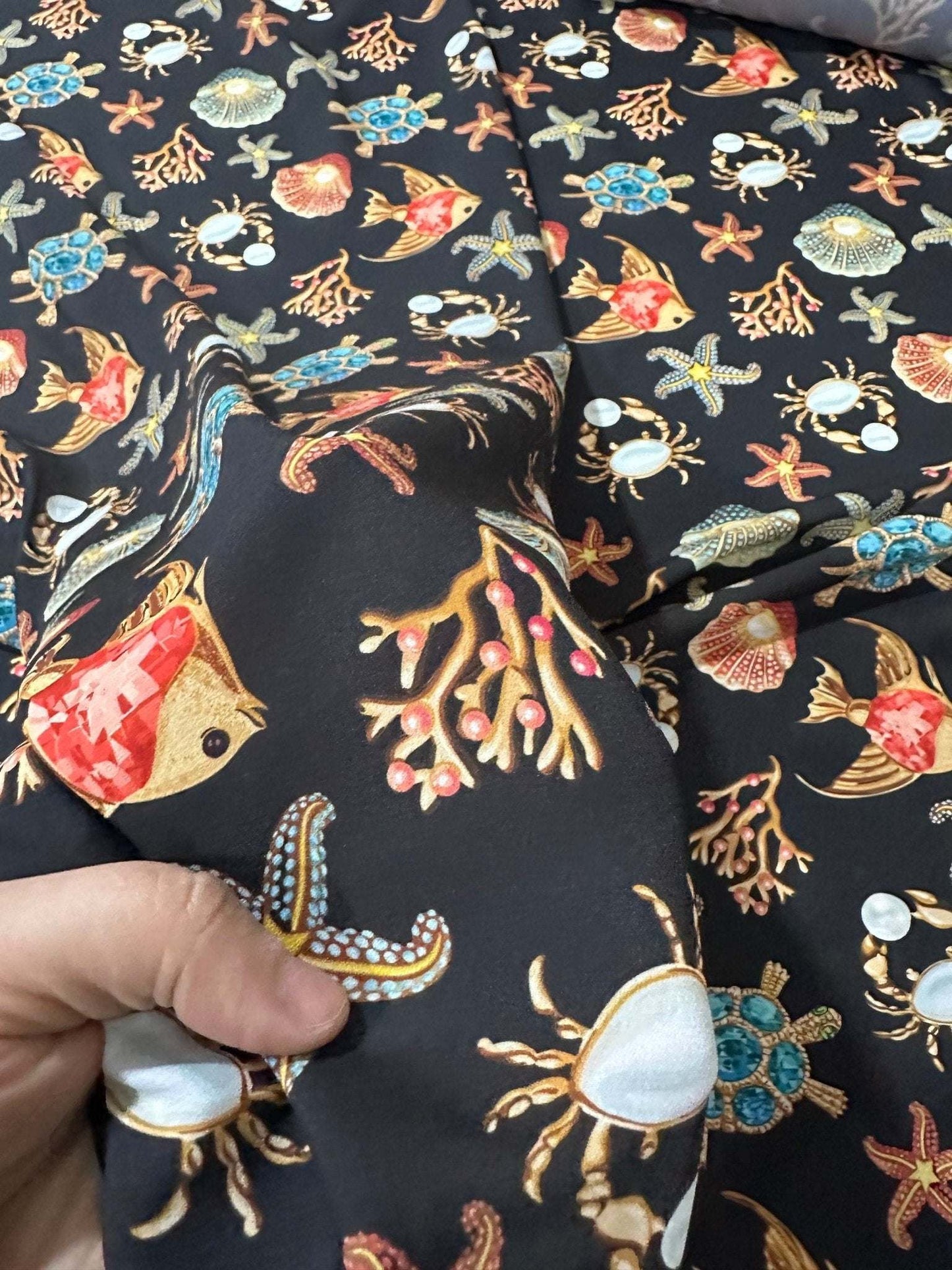 Sea Shell and Starfis Pattern Fabric – Custom Printed Fabric on Satin, Crepe, Spandex or Chiffon