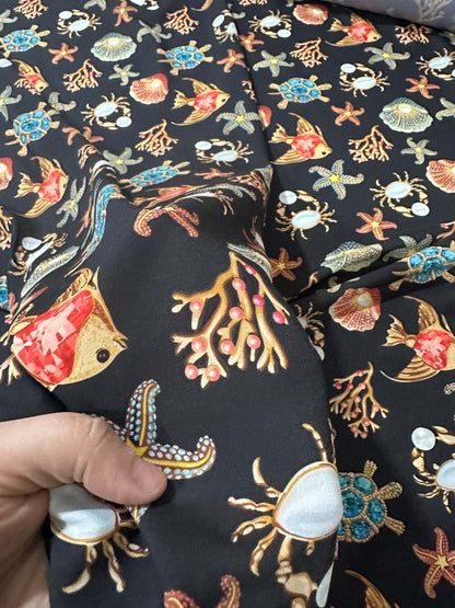Sea Shell and Starfis Pattern Fabric – Custom Printed Fabric on Satin, Crepe, Spandex or Chiffon