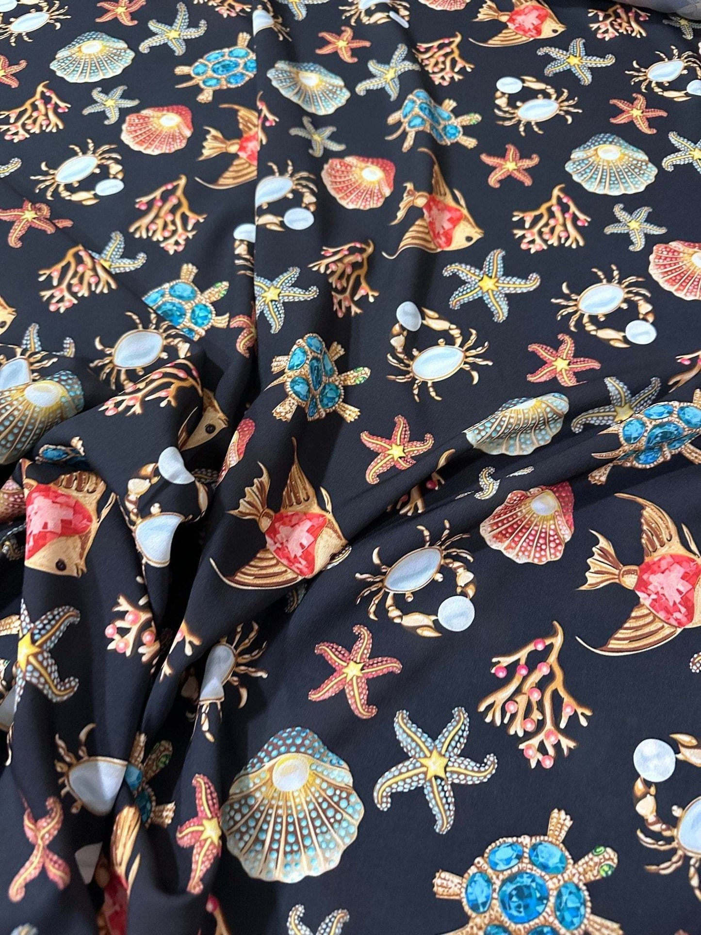 Sea Shell and Starfis Pattern Fabric – Custom Printed Fabric on Satin, Crepe, Spandex or Chiffon