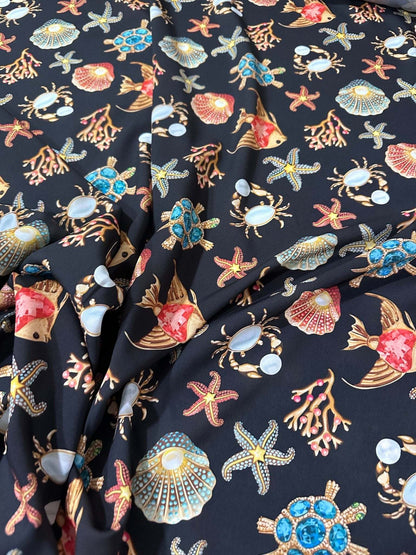 Sea Shell and Starfis Pattern Fabric – Custom Printed Fabric on Satin, Crepe, Spandex or Chiffon
