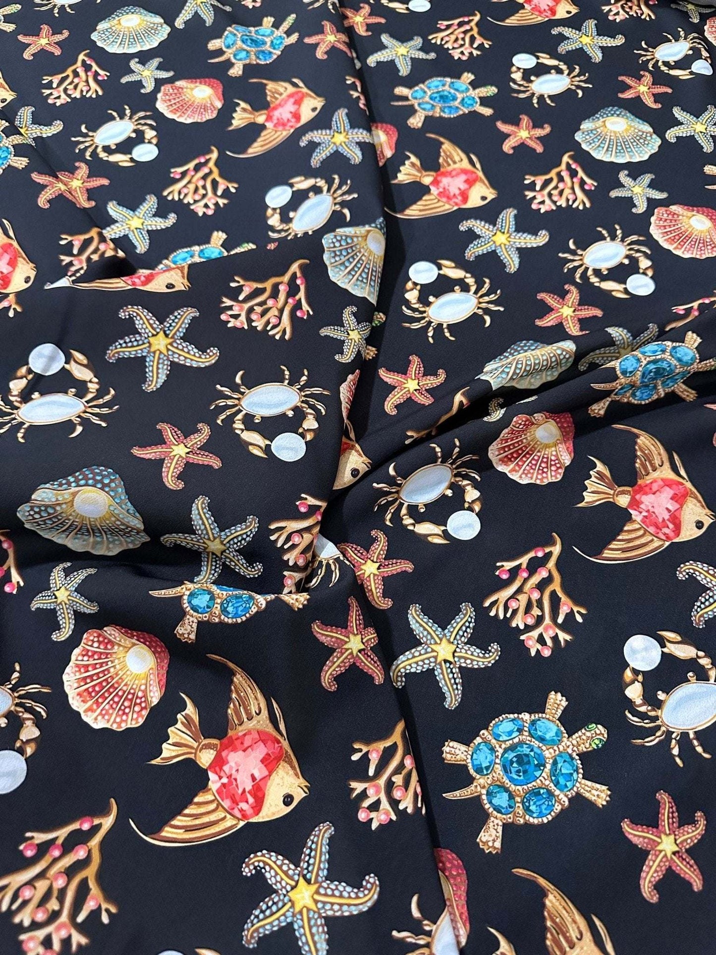 Sea Shell and Starfis Pattern Fabric – Custom Printed Fabric on Satin, Crepe, Spandex or Chiffon