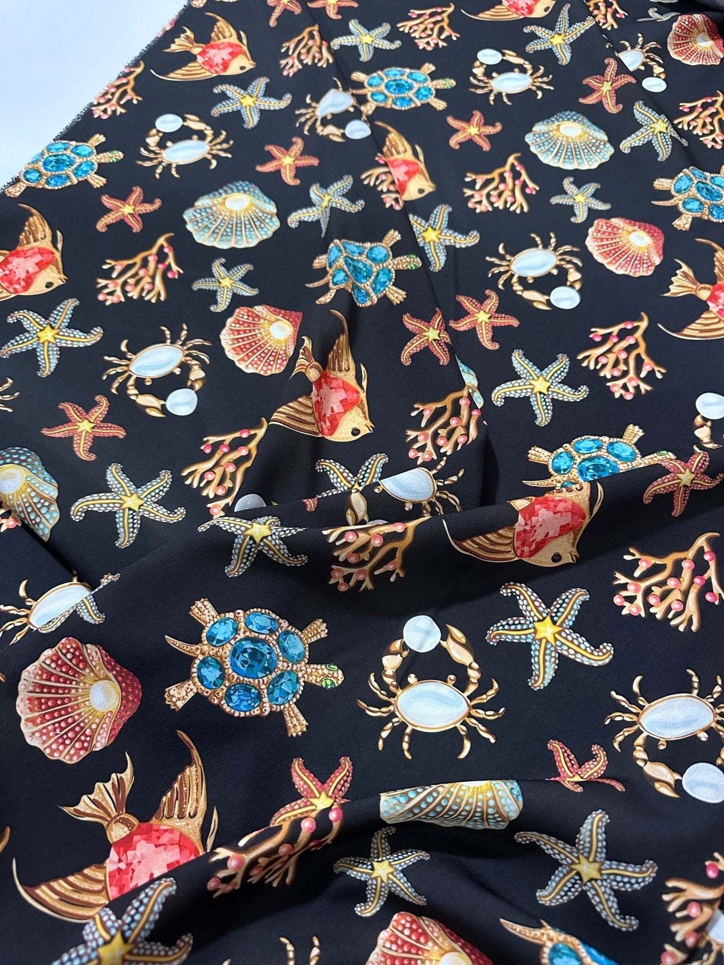 Sea Shell and Starfis Pattern Fabric – Custom Printed Fabric on Satin, Crepe, Spandex or Chiffon