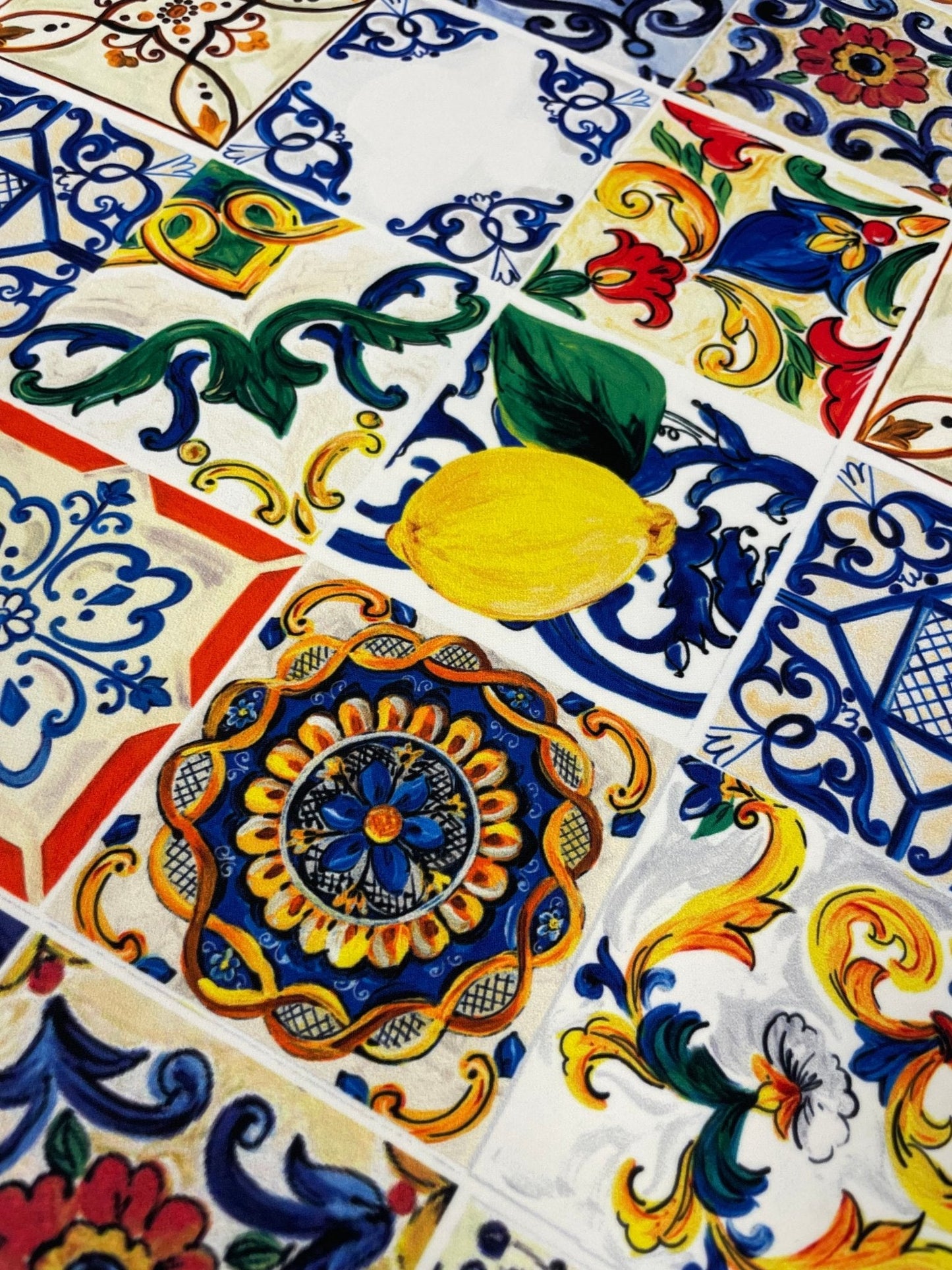 Sicilian Tile & Lemon Print Crepe Fabric by the Metre – Mediterranean Style