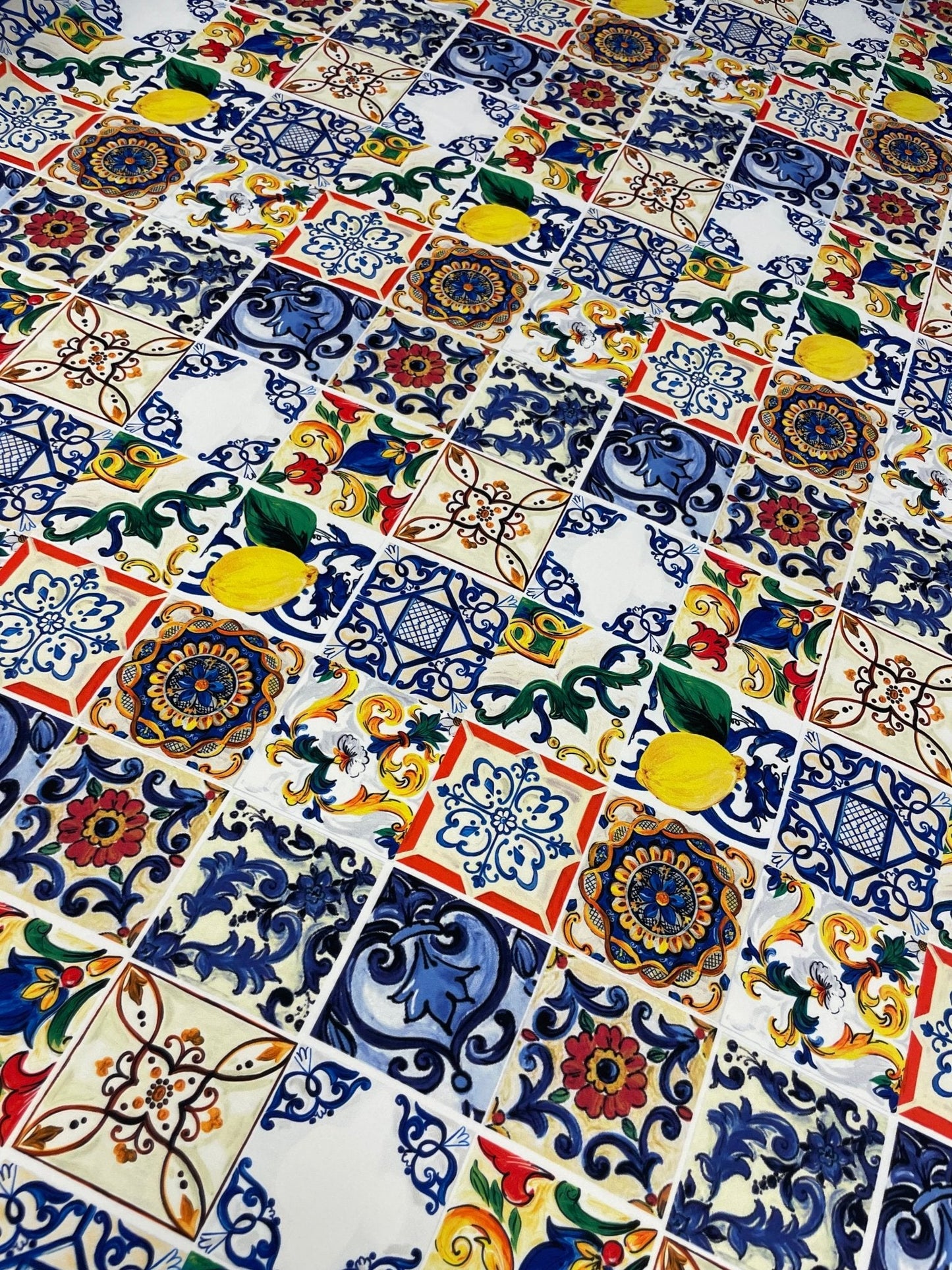 Sicilian Tile & Lemon Print Crepe Fabric by the Metre – Mediterranean Style