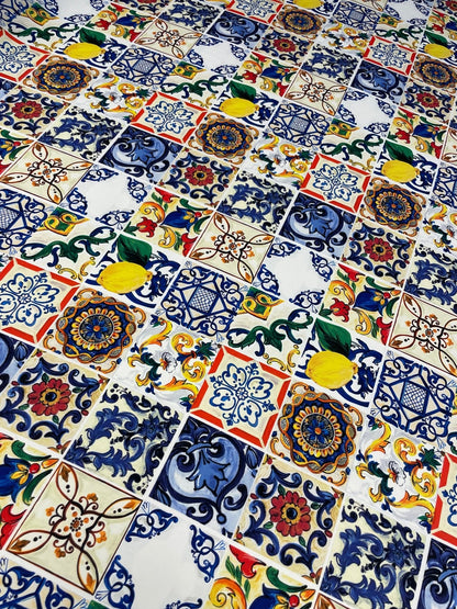 Sicilian Tile & Lemon Print Crepe Fabric by the Metre – Mediterranean Style