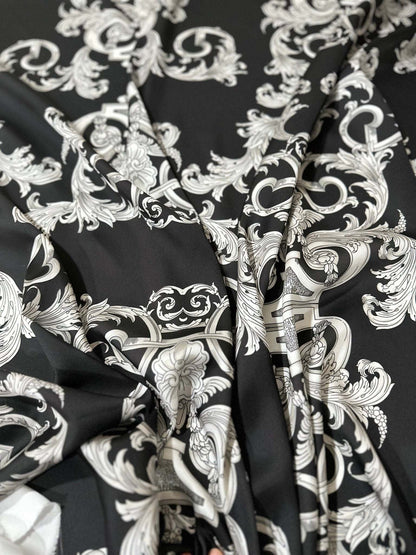 Silver Baroque Fabric – Custom Printed Fabric on Satin, Crepe, Spandex or Chiffon