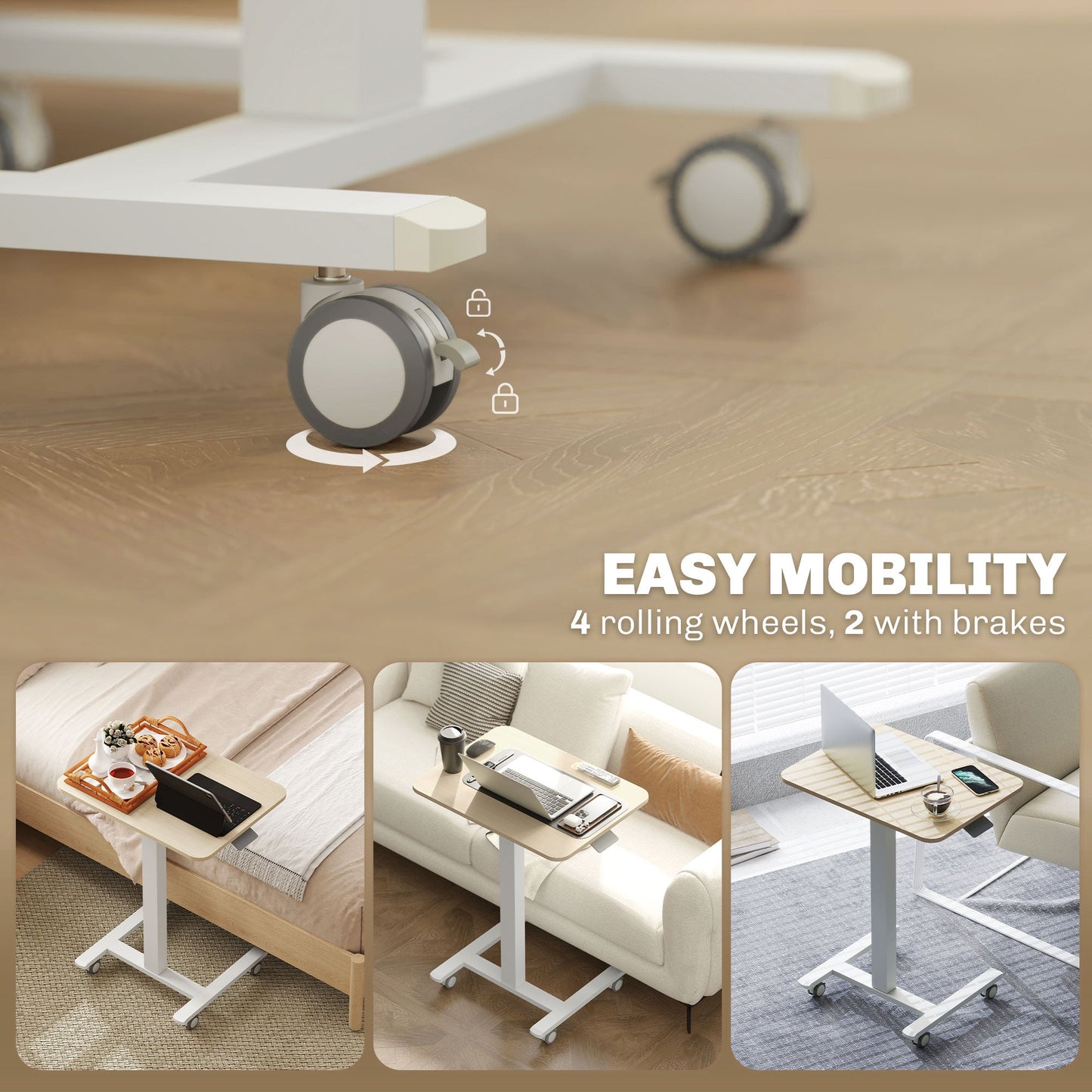 Vinsetto Standing Desk Sit Stand Desk with 4 Rolling Wheels, Natural