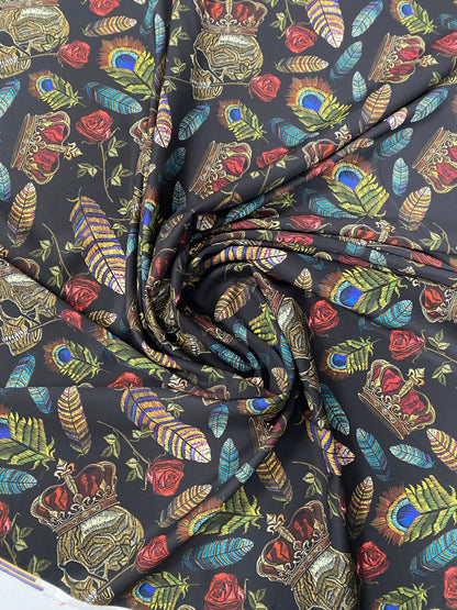 Skull & Feather Print Crepe Fabric by the Metre – Edgy Style