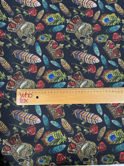 Skull & Feather Print Crepe Fabric by the Metre – Edgy Style
