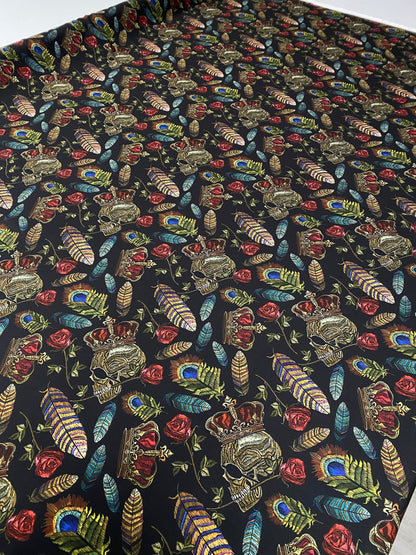 Skull & Feather Print Crepe Fabric by the Metre – Edgy Style