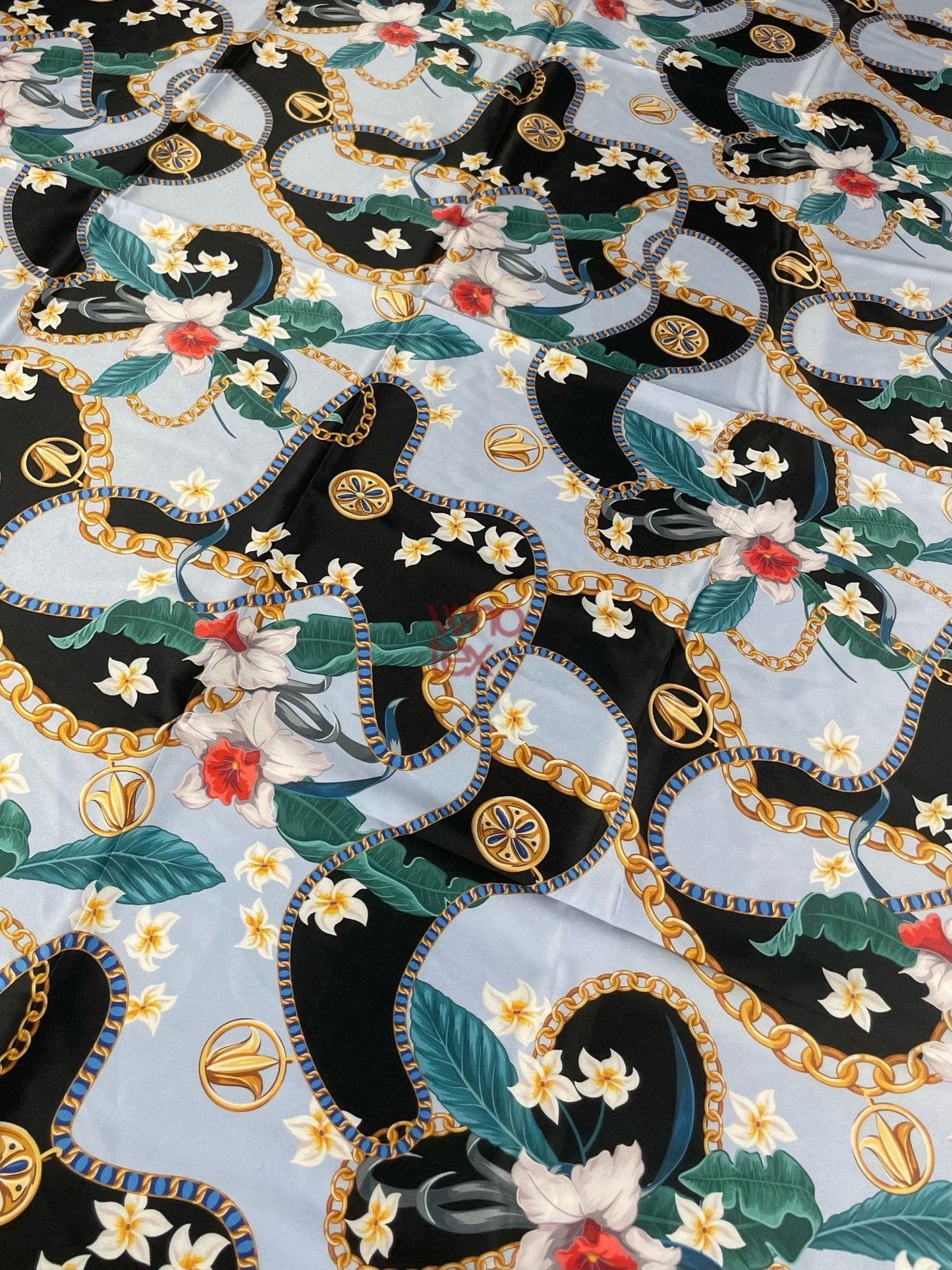 Sky Blue Fabric with Floral and Chain Print