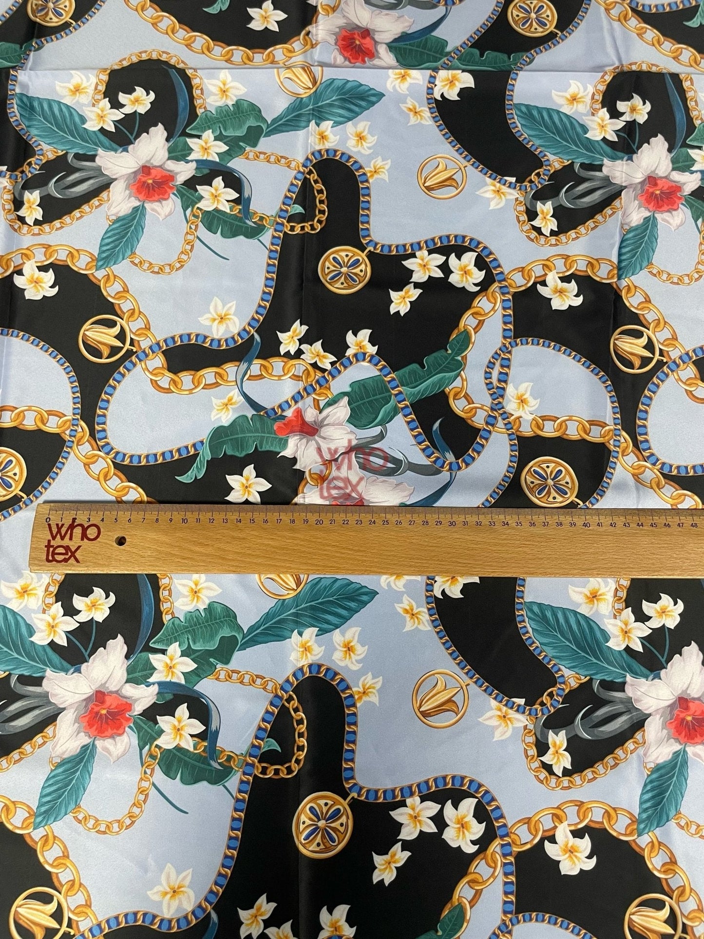 Sky Blue Fabric with Floral and Chain Print