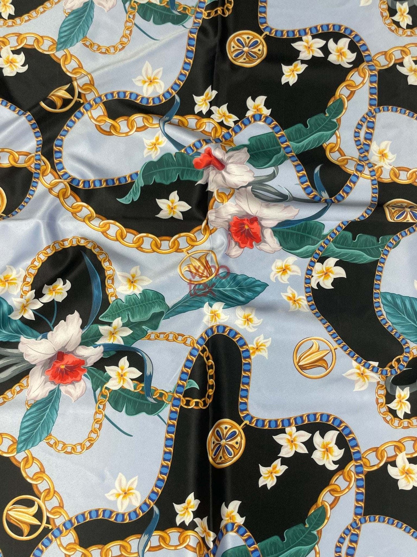 Sky Blue Fabric with Floral and Chain Print – Available in Satin, Crepe, Spandex & Chiffon | By Metre