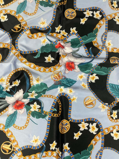 Sky Blue Fabric with Floral and Chain Print – Available in Satin, Crepe, Spandex & Chiffon | By Metre