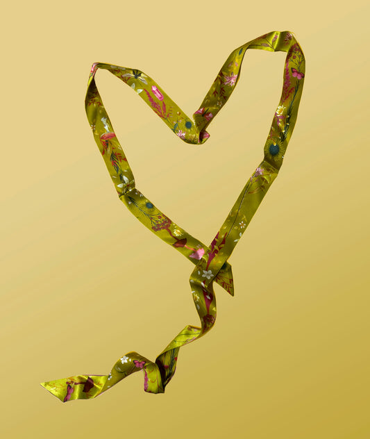 Ochre yellow Silk satin 'Helios' Ultra Skinny silk scarf with mushrooms and sunflowers