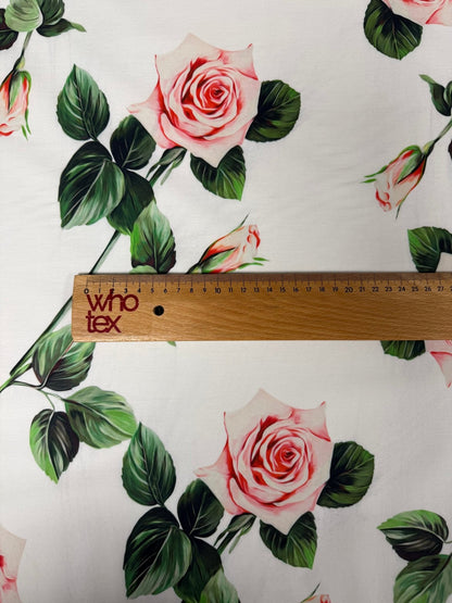 Soft Pink Rose Floral on White Organic Cotton Poplin Fabric by the Metre