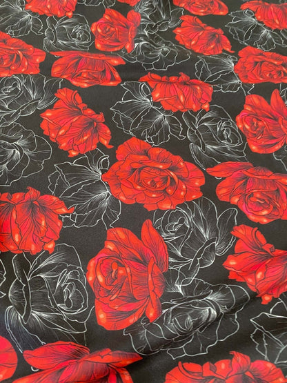 Elegant Red Rose Patterned Fabric – Custom Printed Fabric, Choose Material by Metre