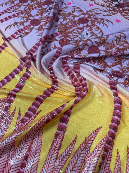 Sunset Palm Tree Sequin Fabric by the Metre
