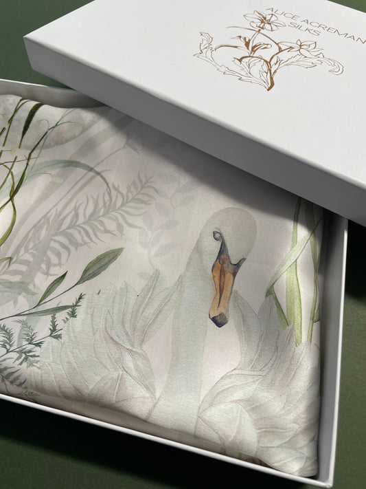 Cream and neutral Silk Pillowcase in hand painted 'Graceful' print, Standard size Oxford style Pillowcase