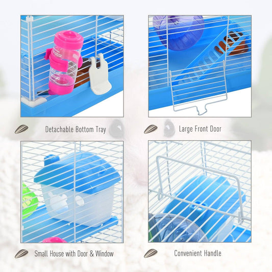 PawHut Hamster Cage Carrier Small Animal House with Exercise Wheels Tunnel Tube