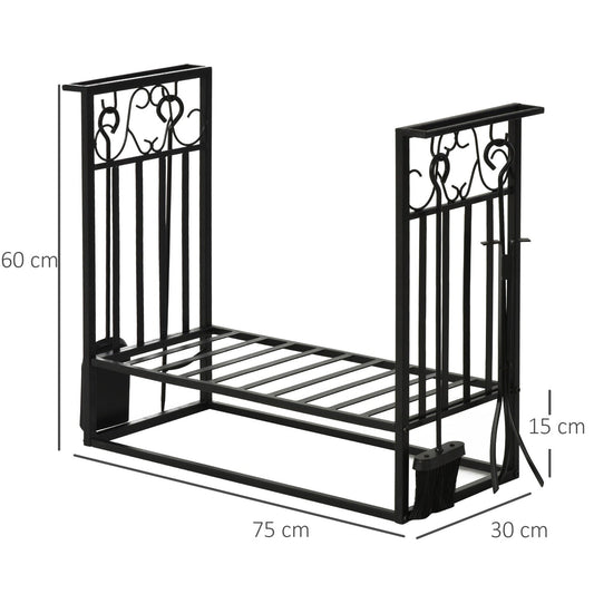 Steel Slatted Log Rack w/ Tools Black