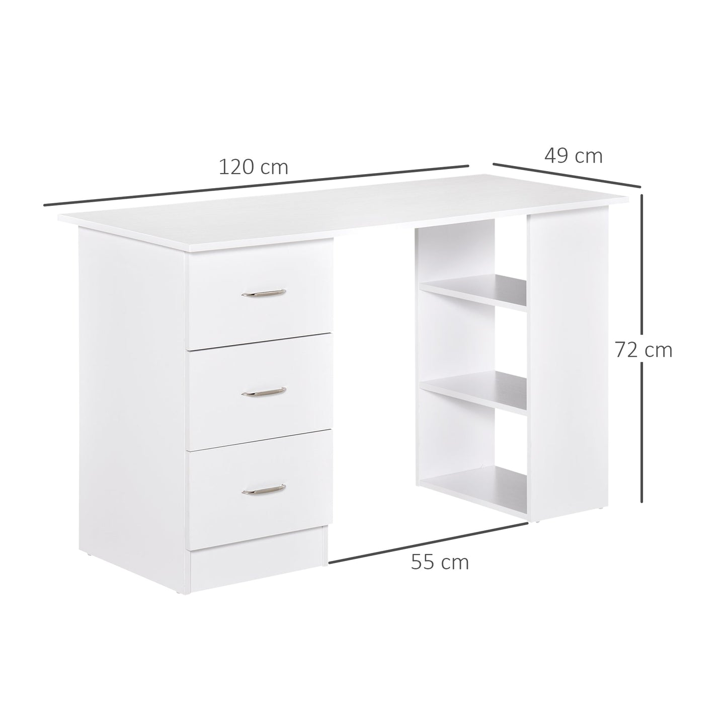 120cm Computer Desk Writing Table Pc Workstation Study Laptop Stationery With 3 Shelf & Drawers White