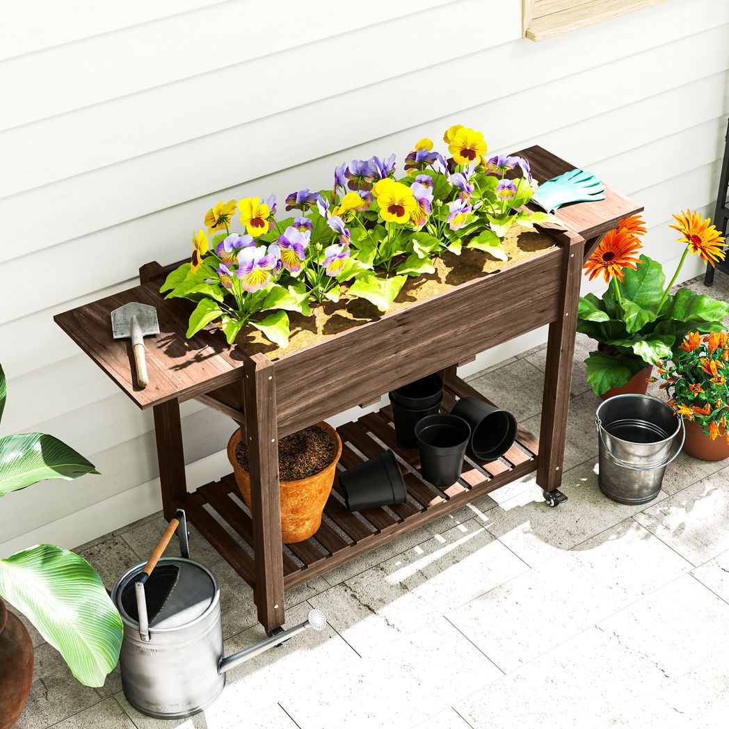 Outsunny Wooden Raised Planter with Lockable Wheels, Liner