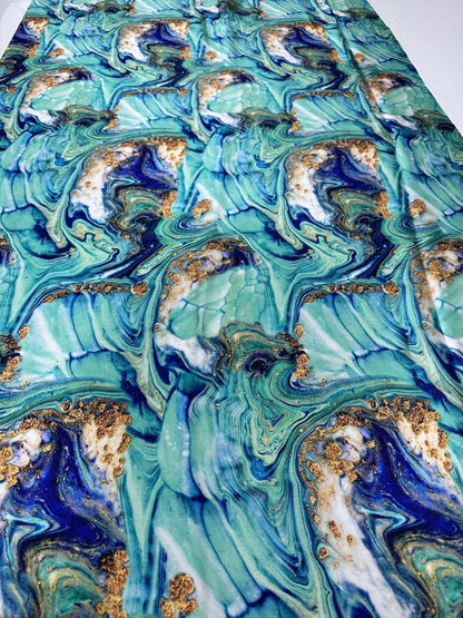 Turquoise and Blue Marble Print Fabric – Custom Printed Fabric on Satin, Crepe, Spandex or Chiffon
