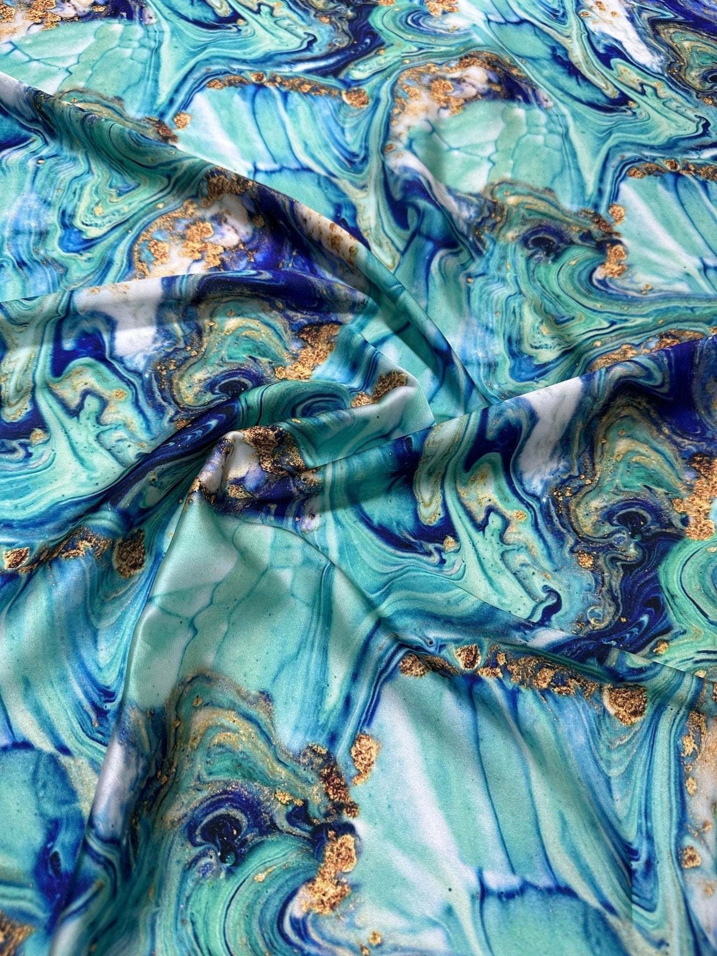 Turquoise and Blue Marble Print Fabric – Custom Printed Fabric on Satin, Crepe, Spandex or Chiffon