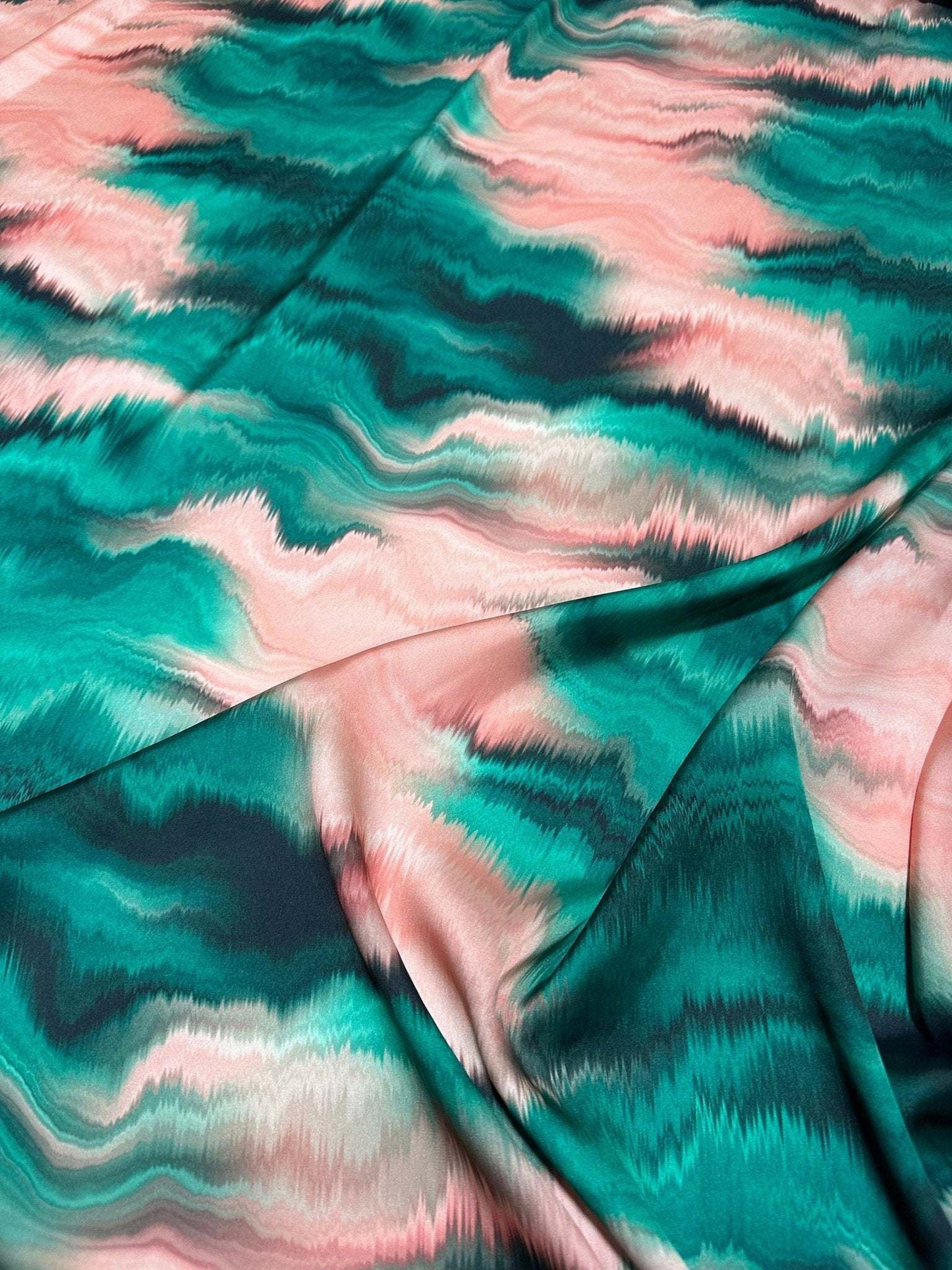 Green and Pink PatternTie Dye Fabric – Available in Satin, Crepe, Spandex & Chiffon | By Metre