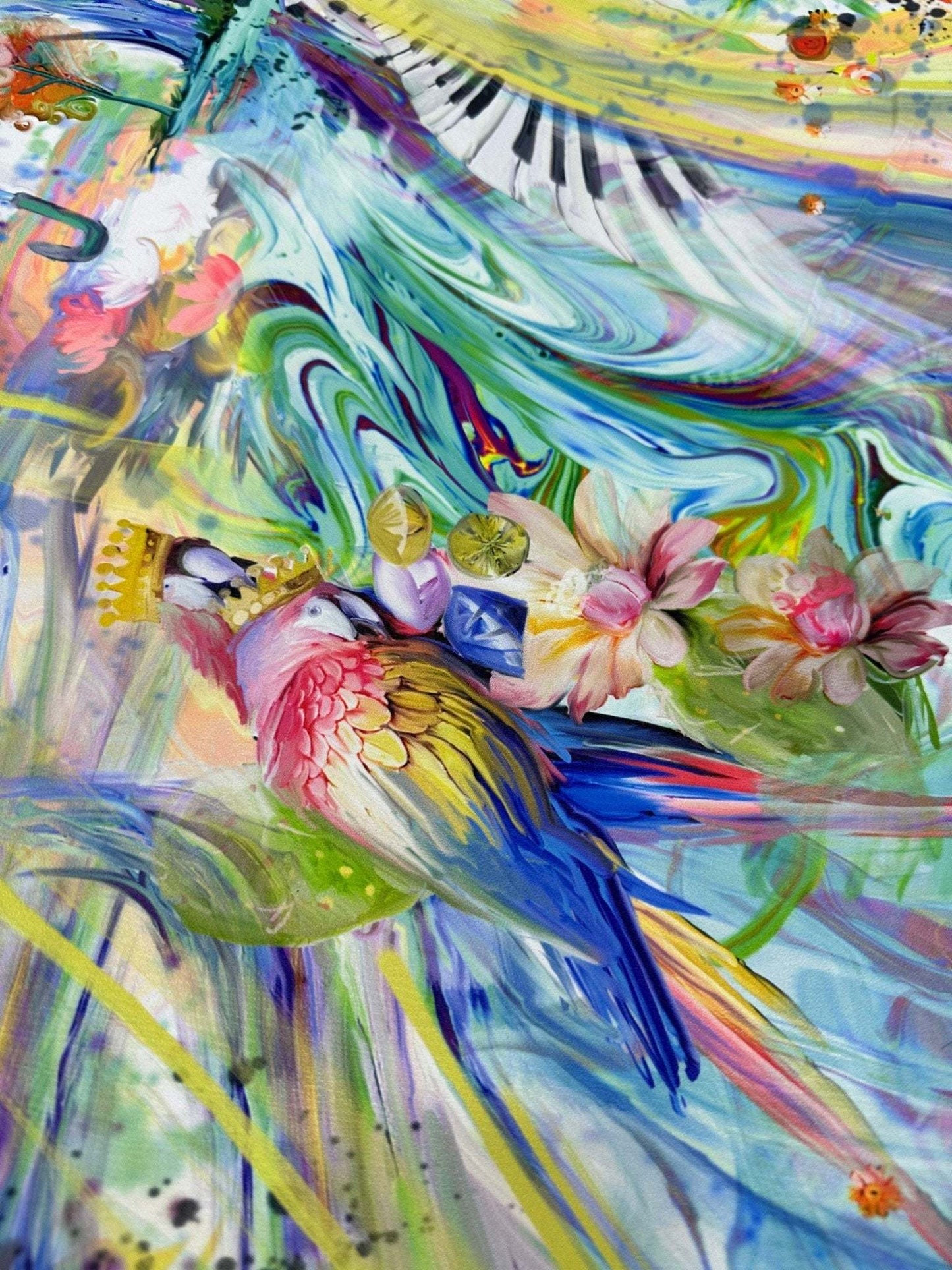 Colorful Bird and Piano Print Fabric – Custom Printed Fabric on Satin, Crepe, Spandex or Chiffon