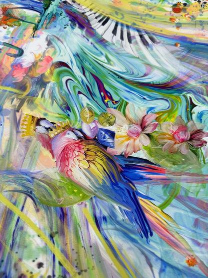 Colorful Bird and Piano Print Fabric – Custom Printed Fabric on Satin, Crepe, Spandex or Chiffon