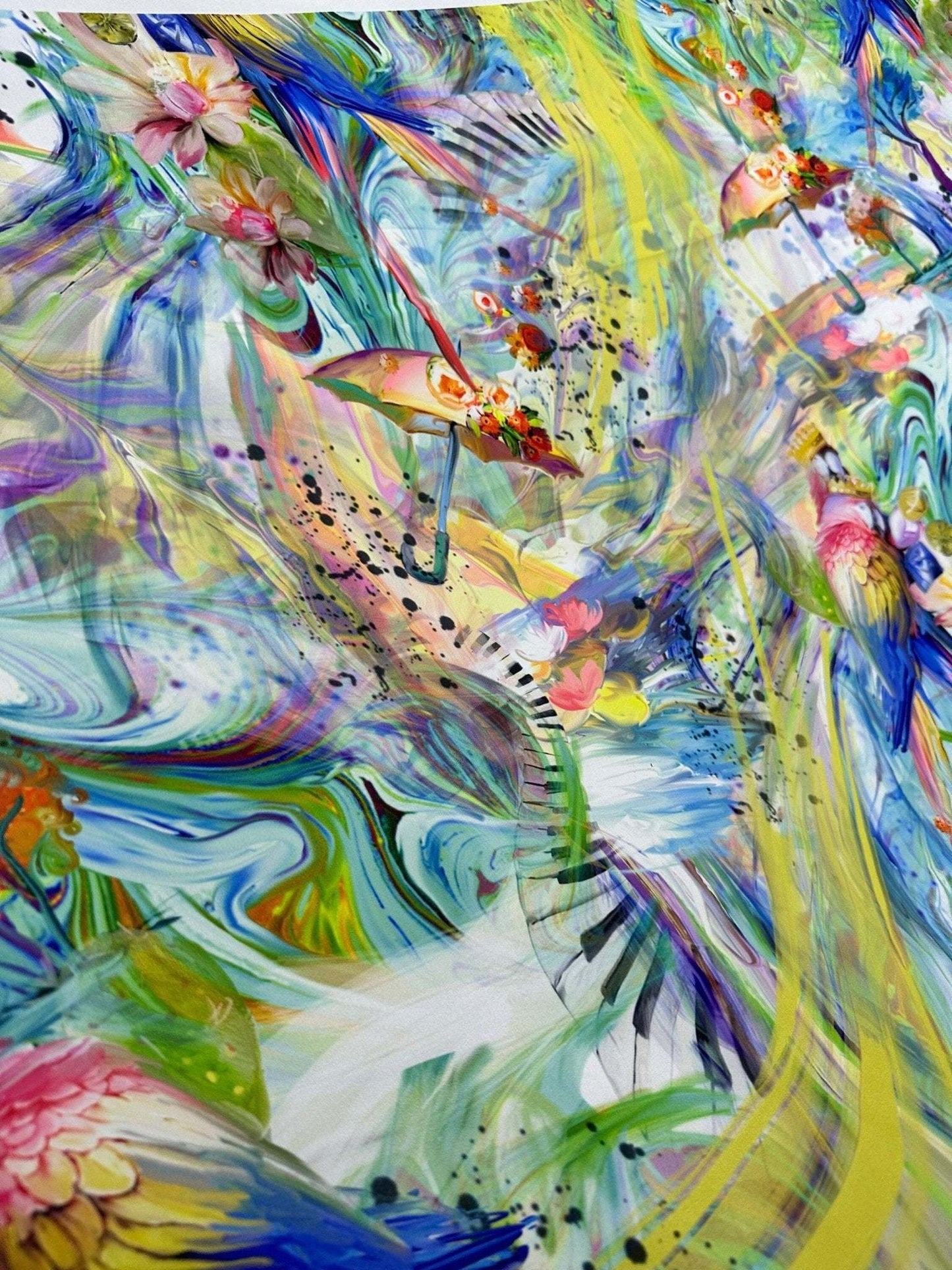 Colorful Bird and Piano Print Fabric – Custom Printed Fabric on Satin, Crepe, Spandex or Chiffon