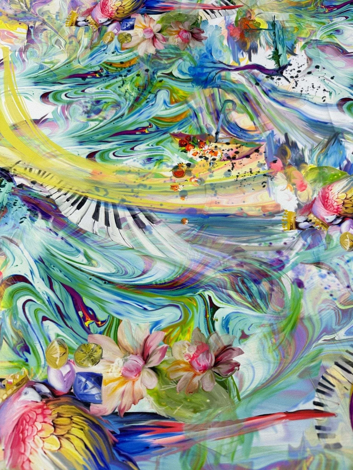 Colorful Bird and Piano Print Fabric – Custom Printed Fabric on Satin, Crepe, Spandex or Chiffon