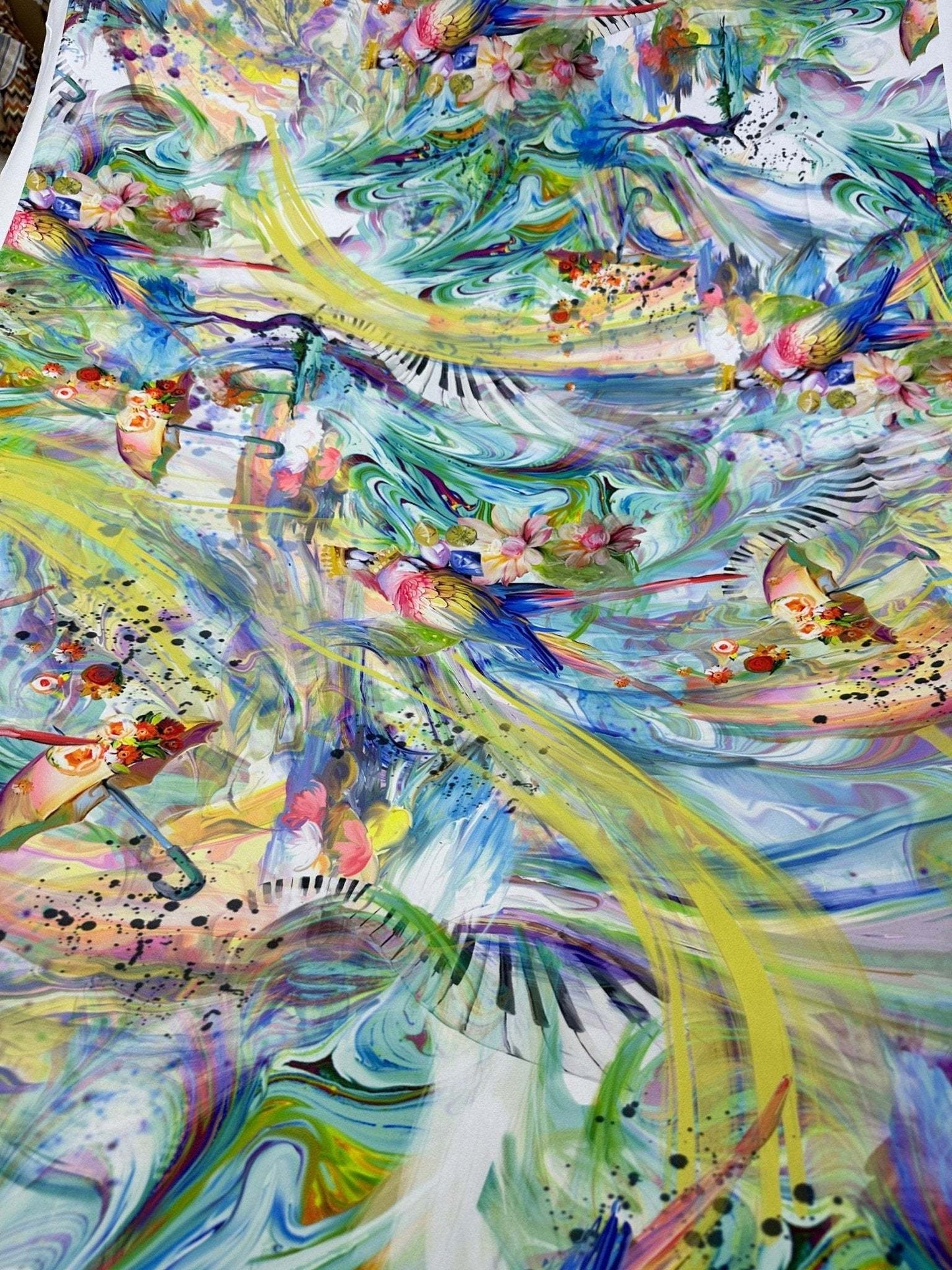 Colorful Bird and Piano Print Fabric – Custom Printed Fabric on Satin, Crepe, Spandex or Chiffon