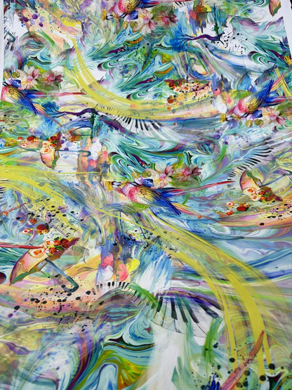 Colorful Bird and Piano Print Fabric – Custom Printed Fabric on Satin, Crepe, Spandex or Chiffon