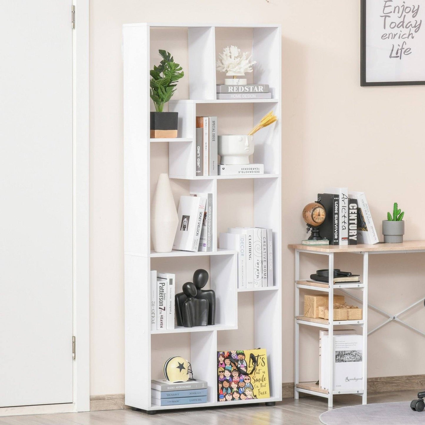 Homcom 8-Tier Freestanding Bookcase W/ Melamine Surface Anti-Tipping Foot Pads Home Display Storage Grid Stand Bedroom Living Room Furniture Modern Style - White