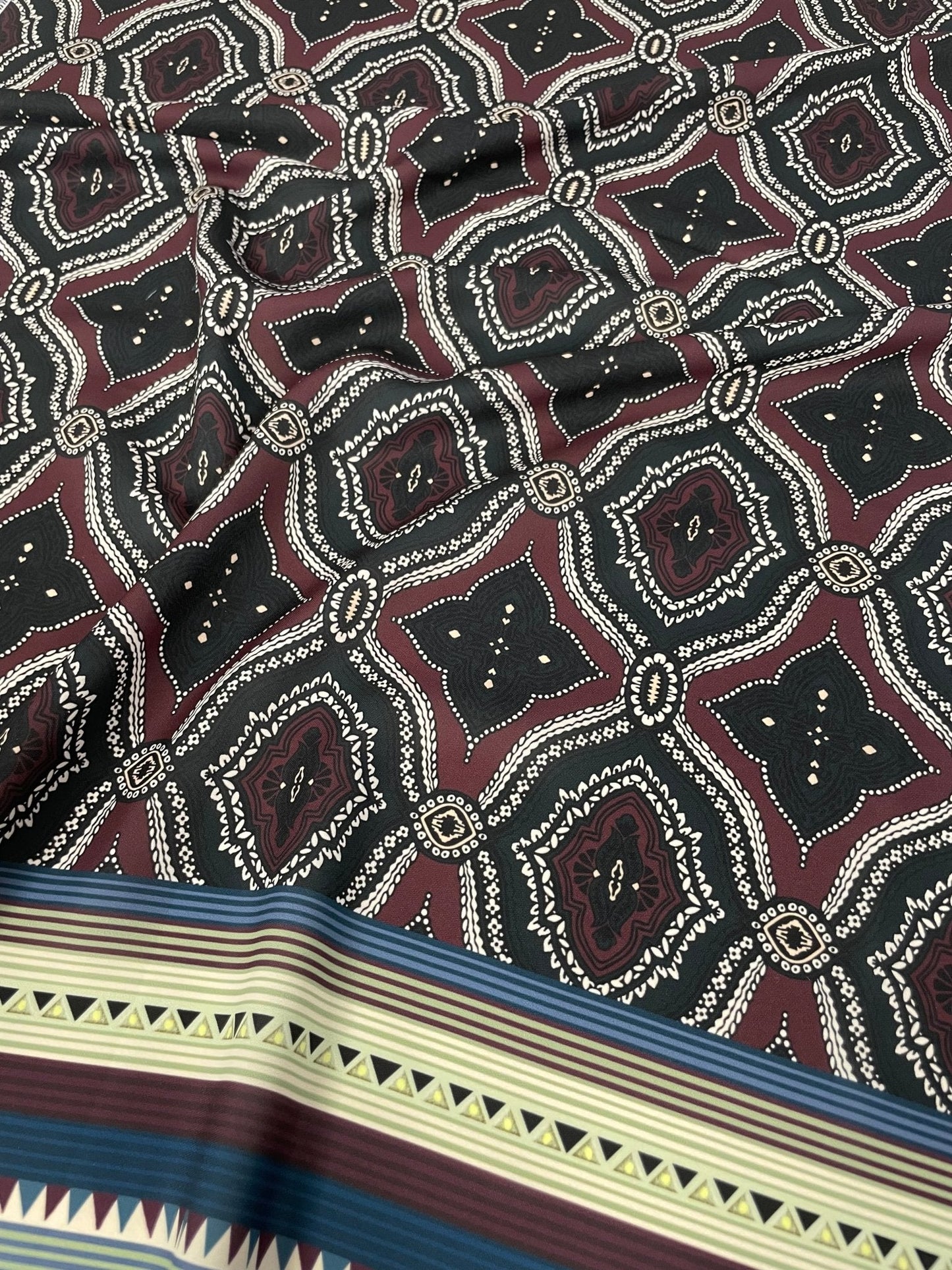 Burgundy and Black Geometric Pattern with Ethnic Striped Edge Design