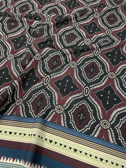 Burgundy and Black Geometric Pattern with Ethnic Striped Edge Design Fabric – Available in Satin, Crepe, Spandex & Chiffon | By Metre