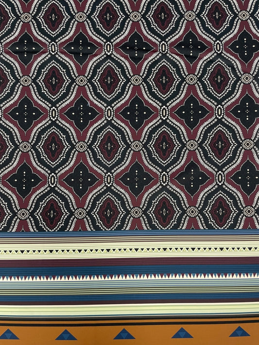 Burgundy and Black Geometric Pattern with Ethnic Striped Edge Design