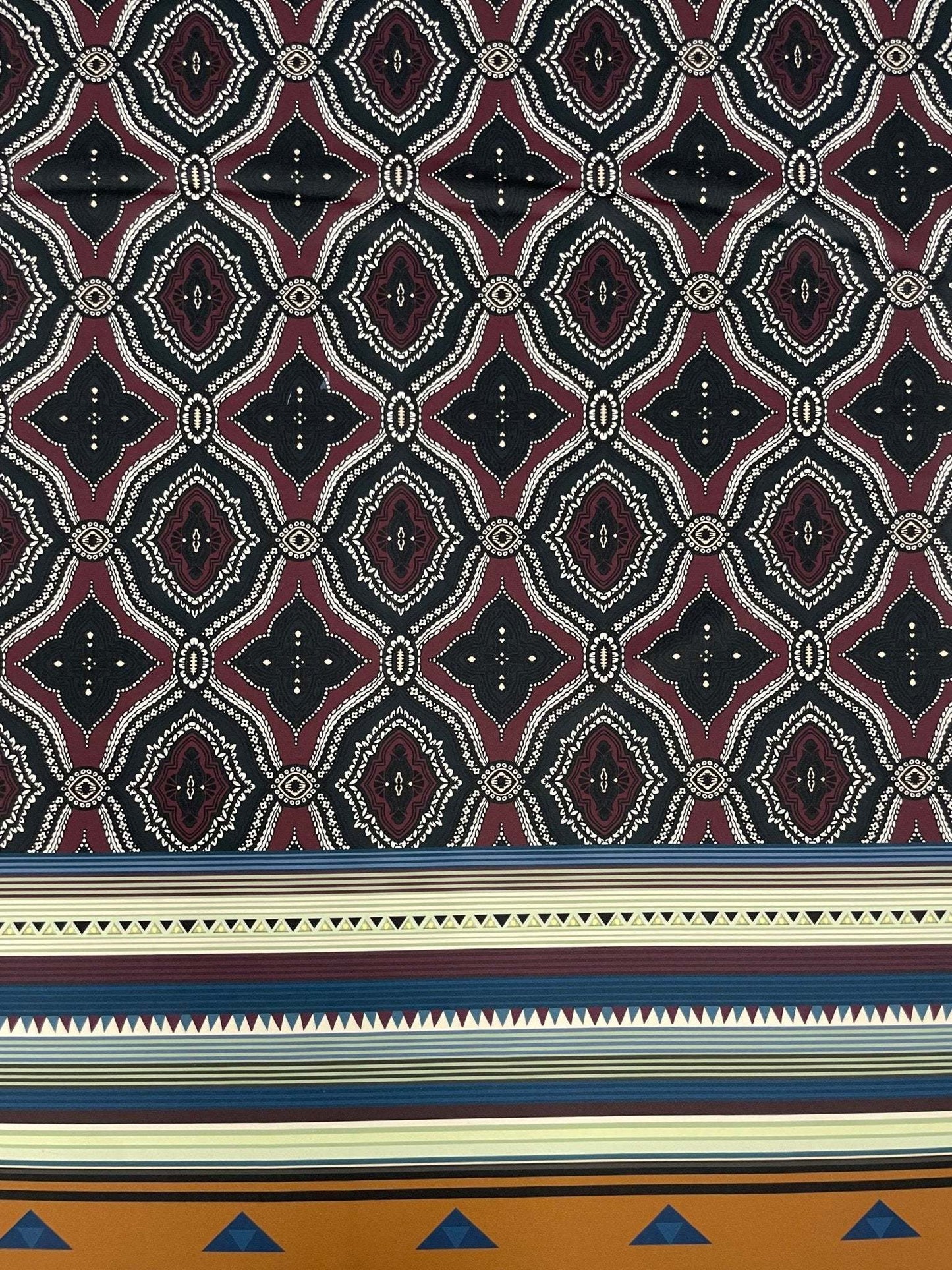 Burgundy and Black Geometric Pattern with Ethnic Striped Edge Design Fabric – Available in Satin, Crepe, Spandex & Chiffon | By Metre