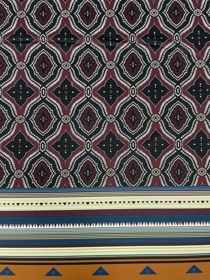 Burgundy and Black Geometric Pattern with Ethnic Striped Edge Design Fabric – Available in Satin, Crepe, Spandex & Chiffon | By Metre