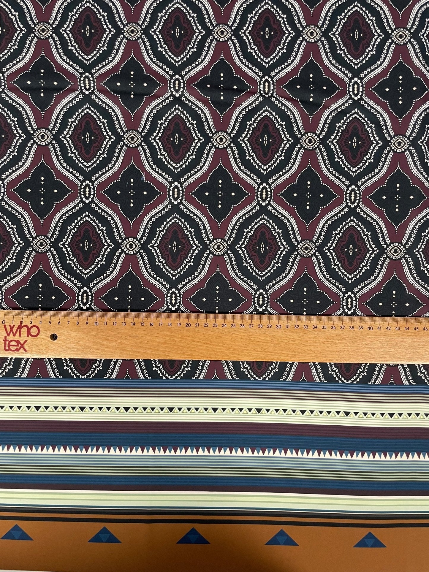Burgundy and Black Geometric Pattern with Ethnic Striped Edge Design