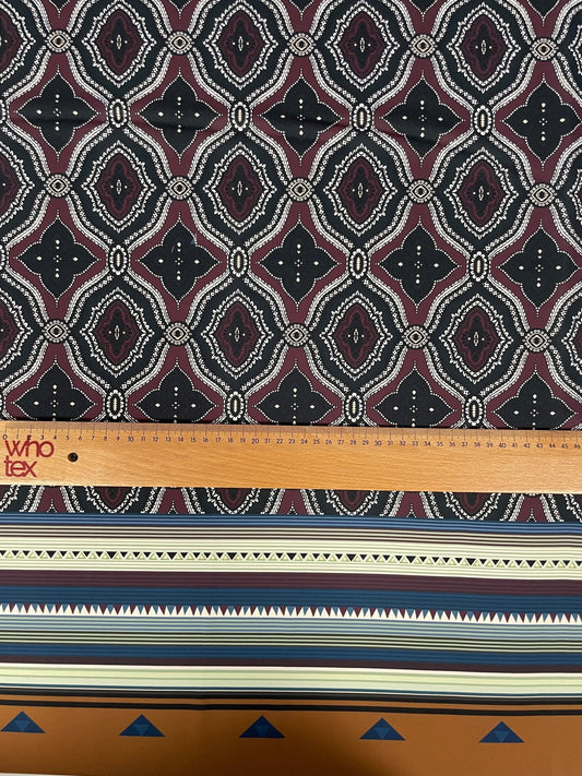 Burgundy and Black Geometric Pattern with Ethnic Striped Edge Design