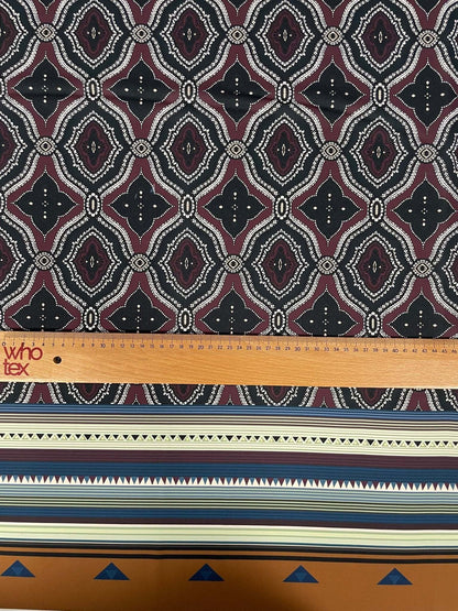 Burgundy and Black Geometric Pattern with Ethnic Striped Edge Design Fabric – Available in Satin, Crepe, Spandex & Chiffon | By Metre