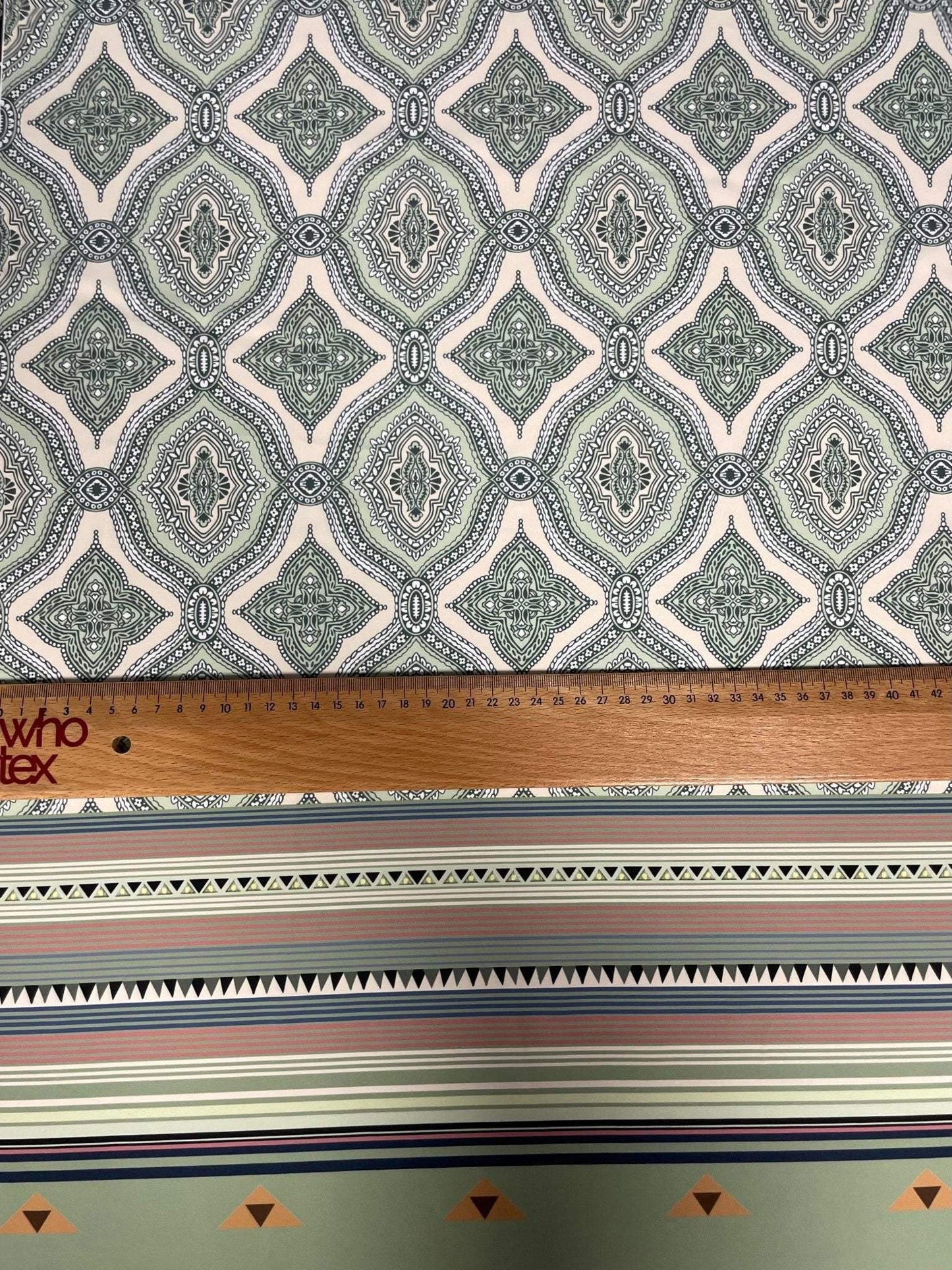 Soft Green and Pink Ethnic Pattern with Border Stripes Fabric – Custom Printed Fabric, Choose Material by Metre