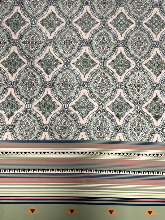 Soft Green and Pink Ethnic Pattern with Border Stripes