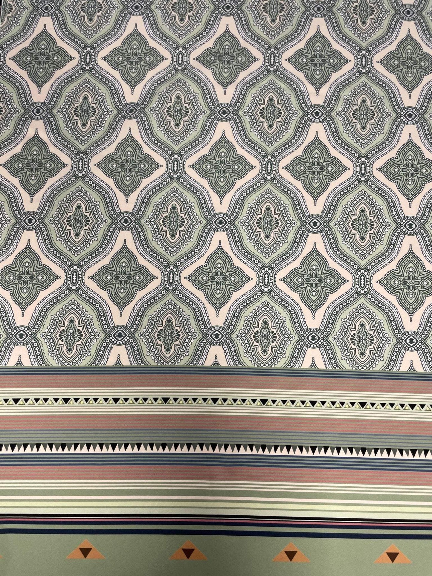 Soft Green and Pink Ethnic Pattern with Border Stripes Fabric – Custom Printed Fabric, Choose Material by Metre